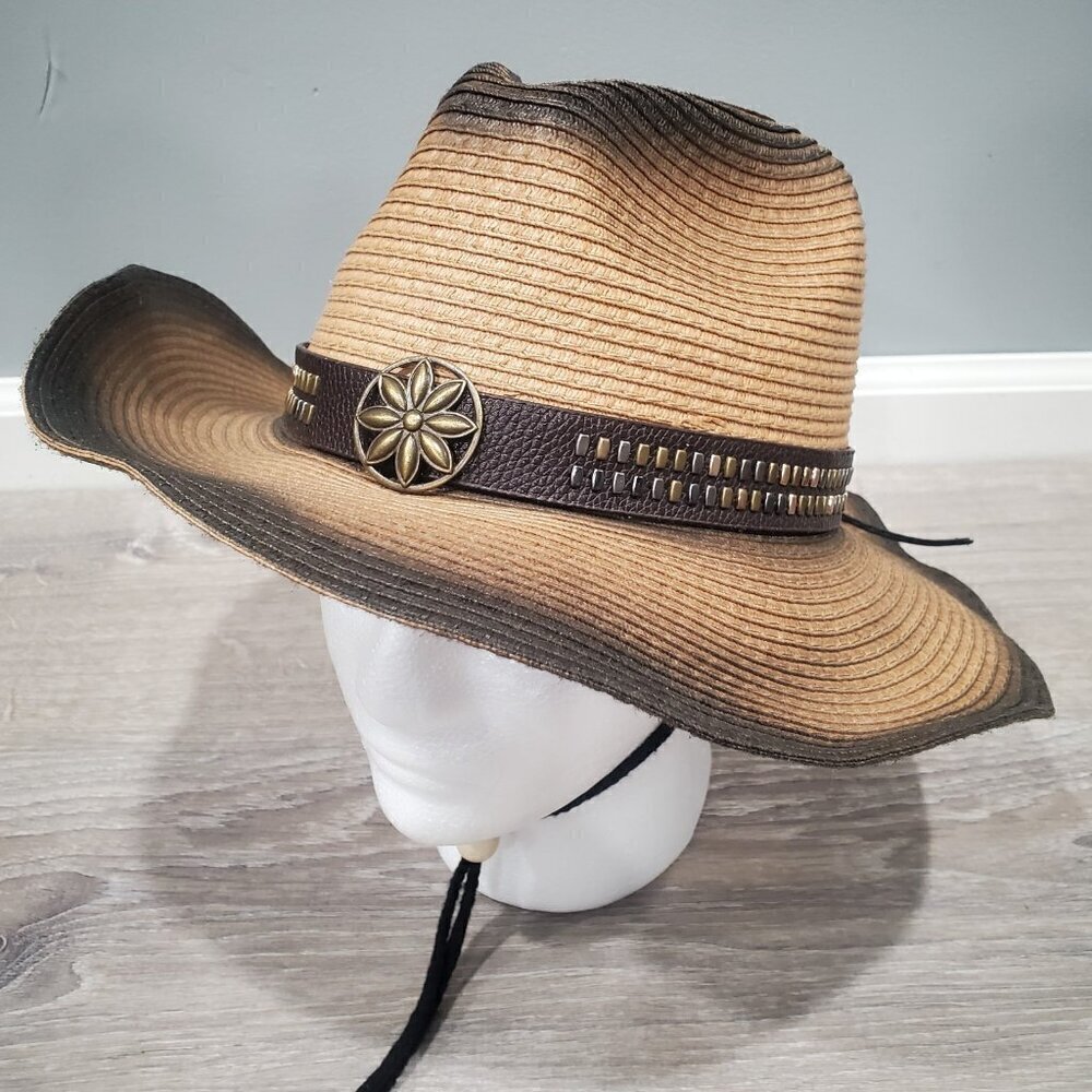 Cowboy Hat Female Foldable Paper Straw Western Cowboy Hat Brown Tan Embellished